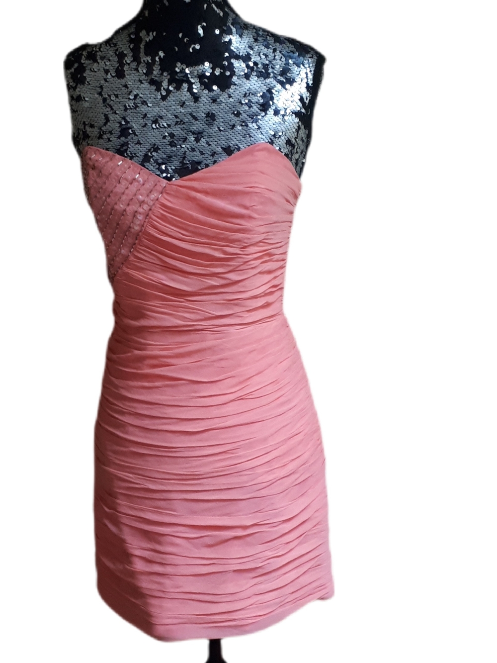Guess by Marciano Vintage  Strapless Silk Coral Pink Ruched Cocktail Dress
